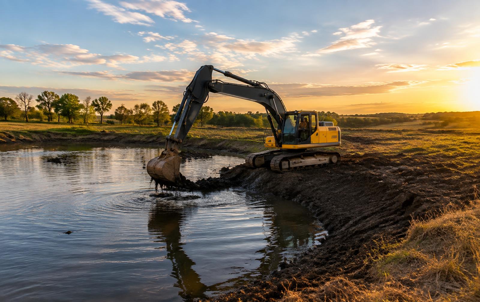 Excavator repairing a farm pond